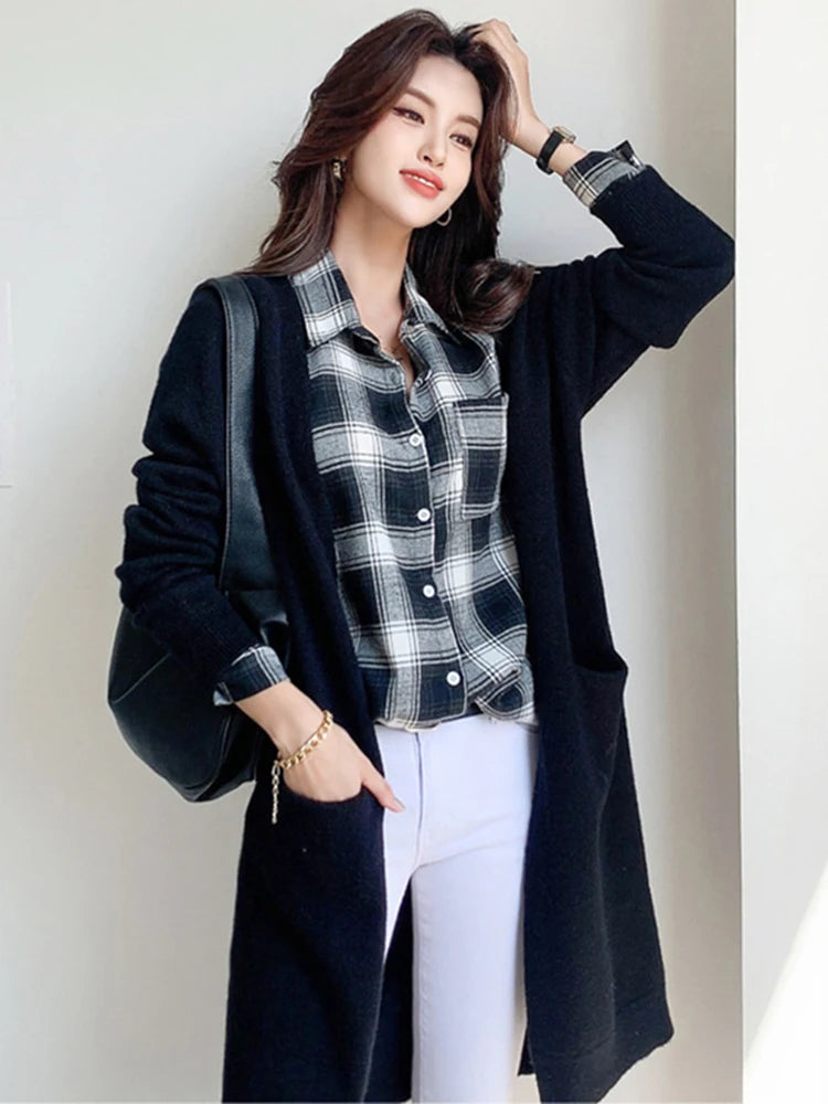Cardigan Femme Épais à Poches – Tricot Loose Col V Décontracté Printemps Automne.