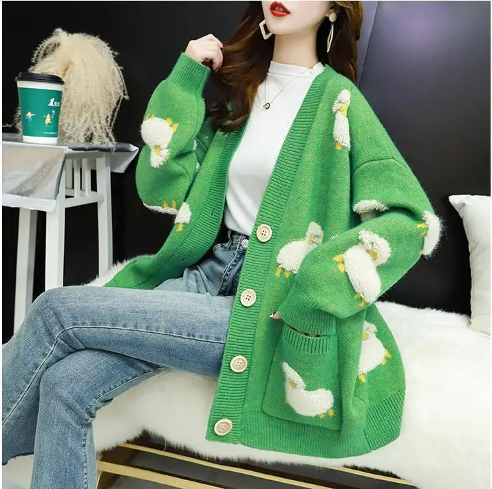 Cardigan Femme Loose – Tricot Cartoon avec Poches Mouton, Style Colorblock Automne Hiver.