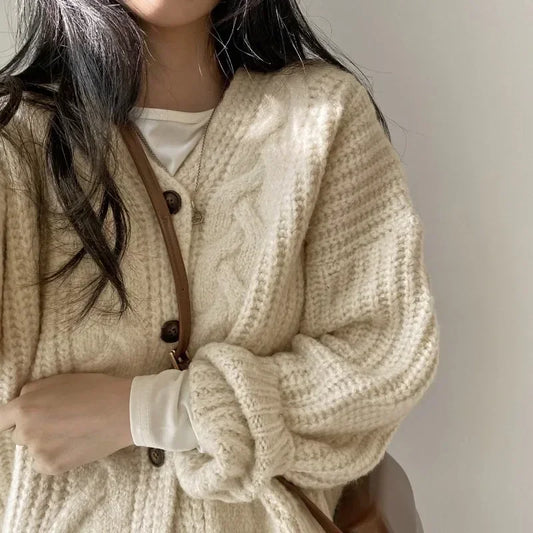 Cardigan Femme Torsadé Style Rétro Français – Tricot Loose Col V Décontracté Printemps.