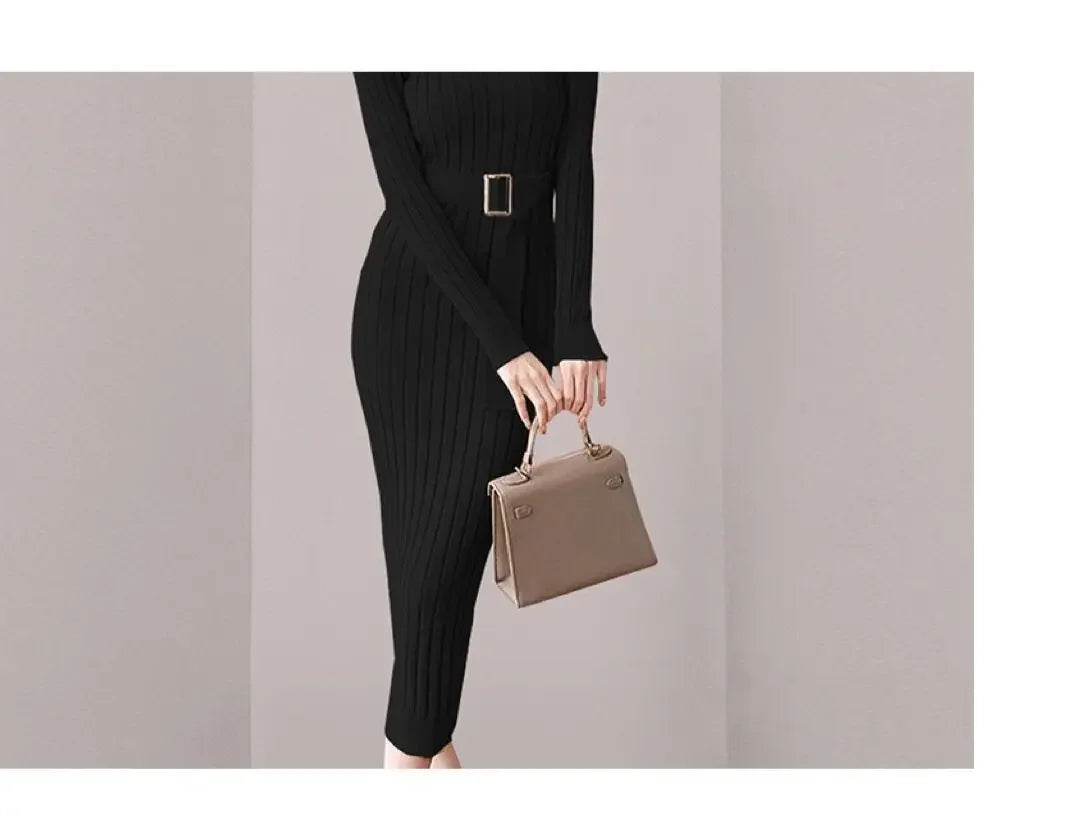 Robe Pull Longue Femme – Tricot Élastique Ajusté Style Coréen Élégant Automne Hiver