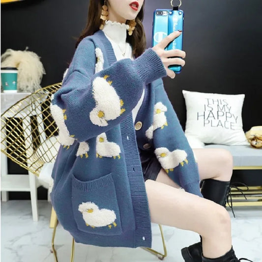 Cardigan Femme Loose – Tricot Cartoon avec Poches Mouton, Style Colorblock Automne Hiver.