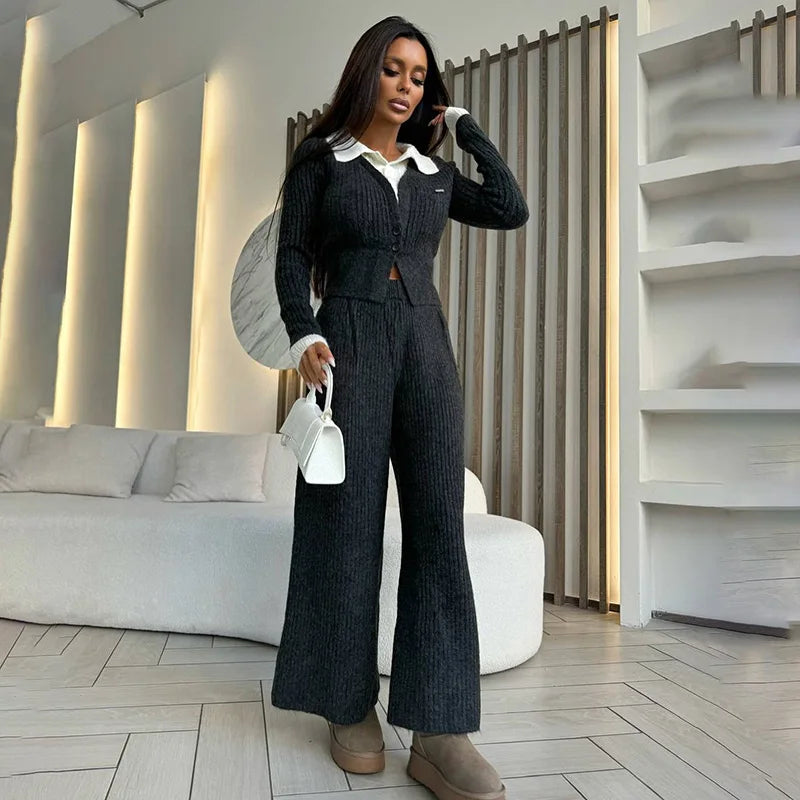 Ensemble Femme 2 Pièces – Haut Tricot Boutonné à Col Revers & Pantalon Loose, Style Décontracté Chic Automne | F-laglam.