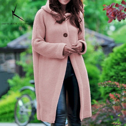 Cardigan Long à Capuche Femme – Pull Tricoté Automne Hiver.
