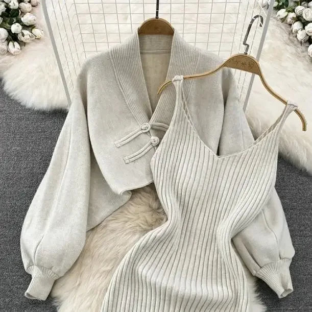 Ensemble Femme 2 Pièces – Cardigan Tricoté à Lacets & Robe Camisole, Style Chinois Moderne Élégant |.