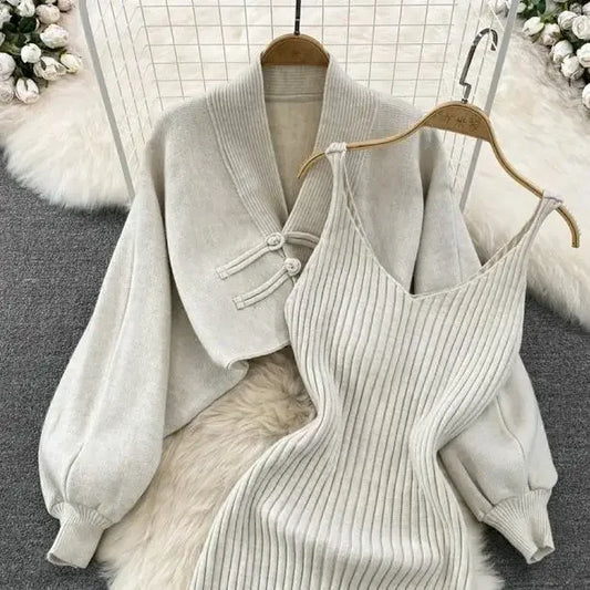 Ensemble Femme 2 Pièces – Cardigan Tricoté à Lacets & Robe Camisole, Style Chinois Moderne Élégant |.