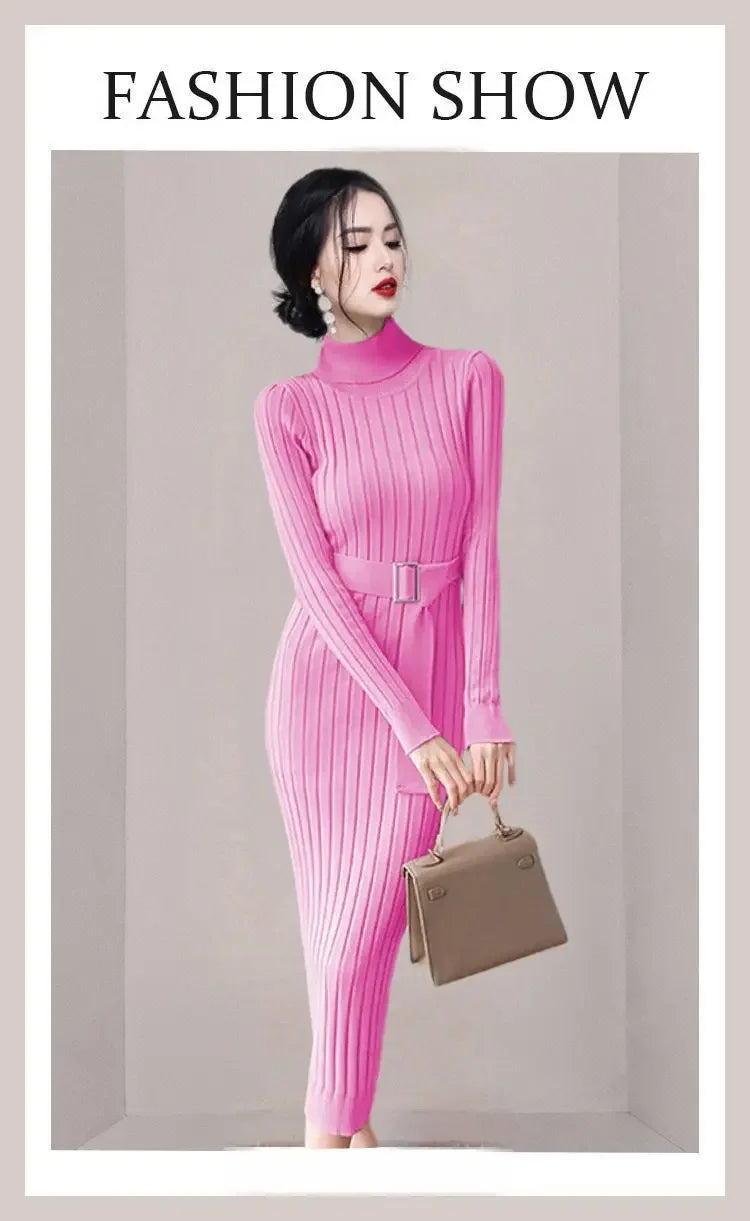 Robe Pull Longue Femme – Tricot Élastique Ajusté Style Coréen Élégant Automne Hiver.