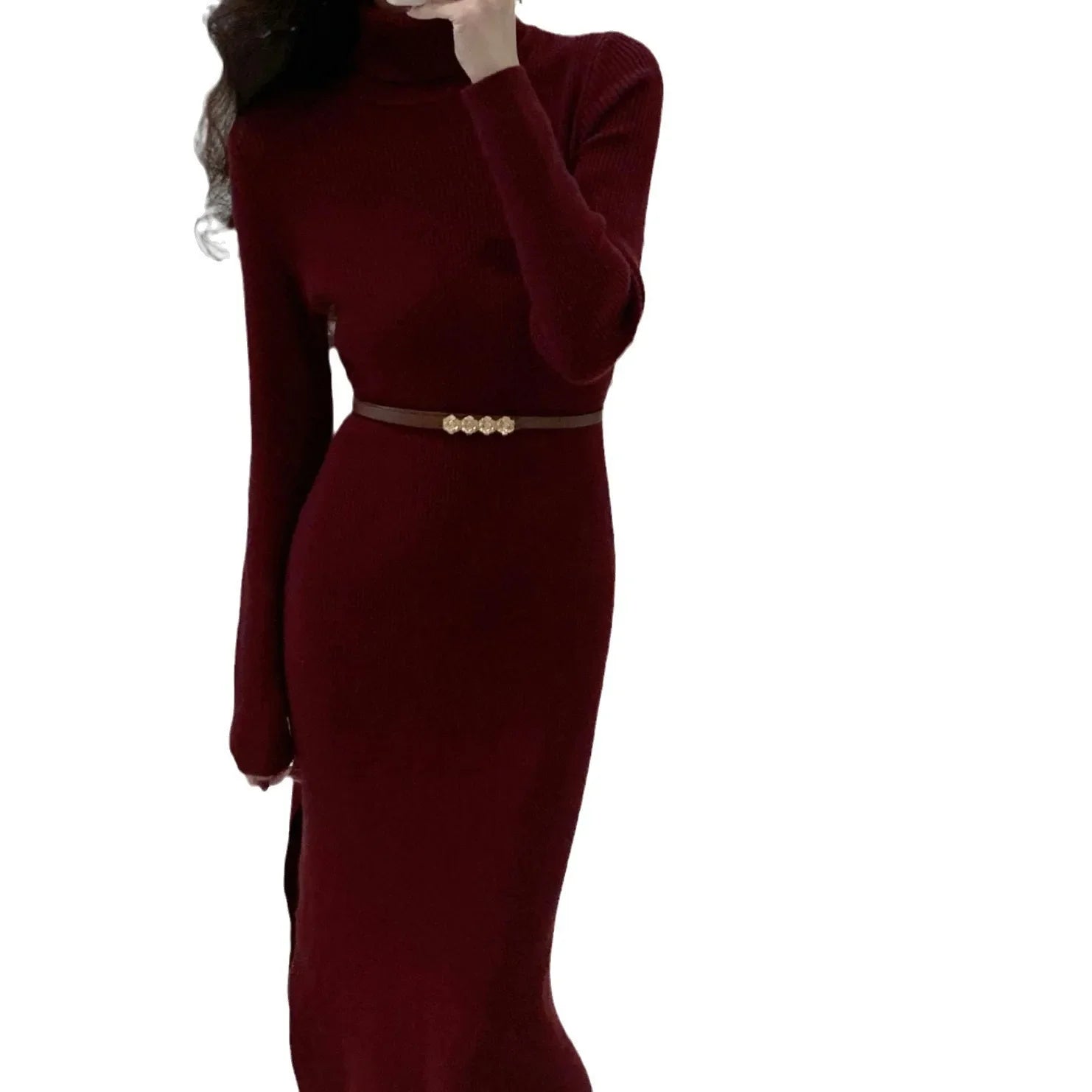 Robe Pull Femme Col Haut – Tricot Uni Élégant Style Chic Hiver 2025.