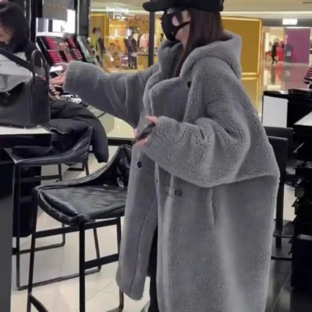 Manteau Femme Hiver 2024 – Veste Cocoon à Capuche en Laine d’Agneau Épaisse, Parka Chaude Shearling