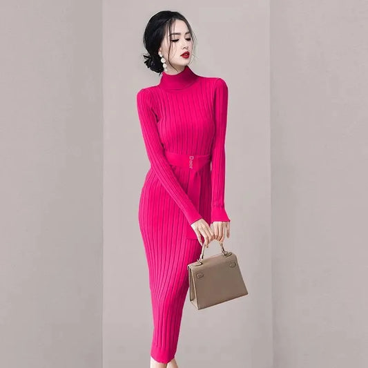 Robe Pull Longue Femme – Tricot Élastique Ajusté Style Coréen Élégant Automne Hiver.