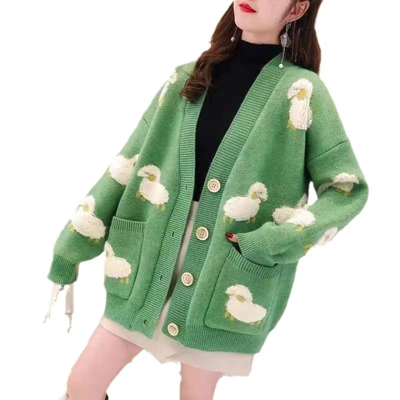 Cardigan Femme Loose – Tricot Cartoon avec Poches Mouton, Style Colorblock Automne Hiver.