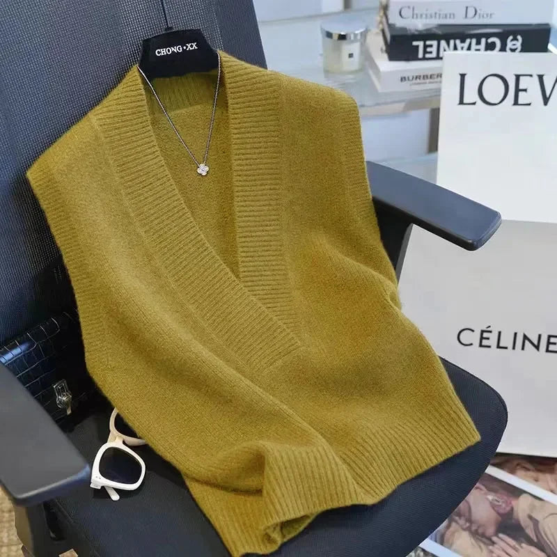 Gilet Pull Femme Sans Manches – Tricot Col V Uni Décontracté Automne Hiver