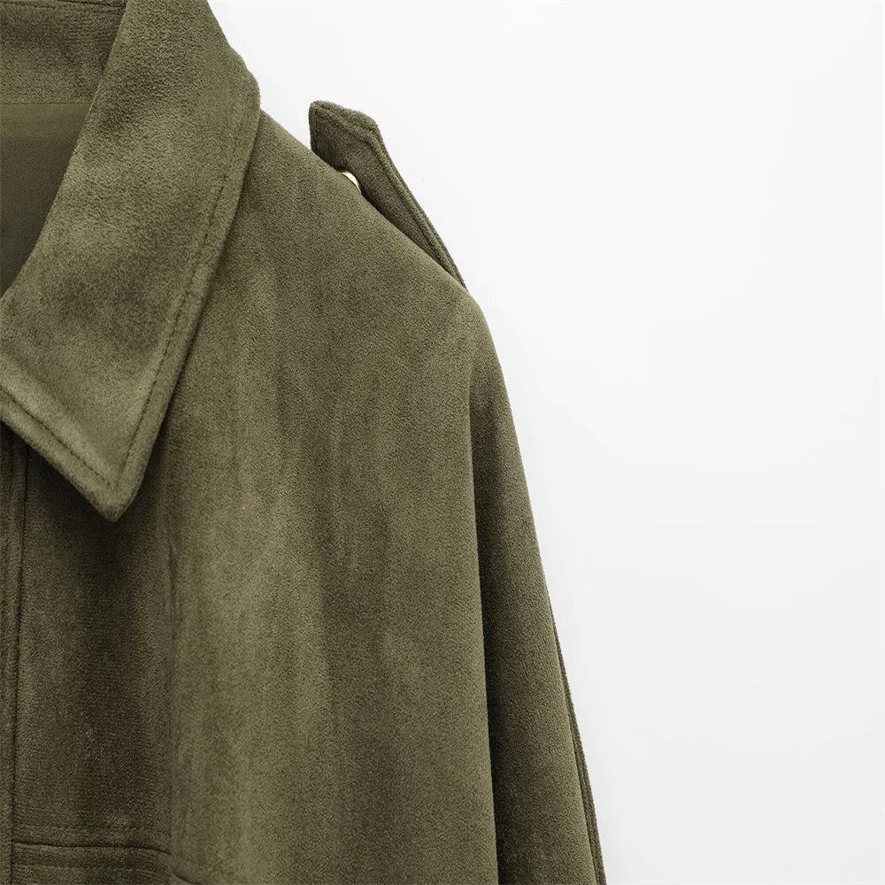 Veste Femme Suédine Synthétique PB&ZA 2025 – Coupe Ample Vert Olive