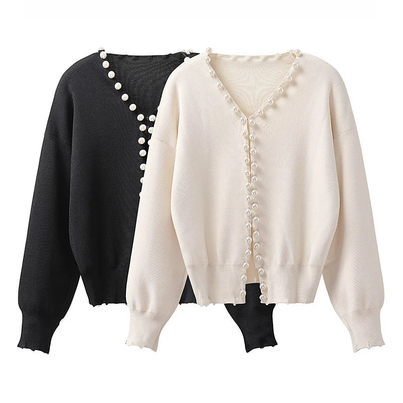 Cardigan Femme Blanc Élégant – Tricot Chic à Perles, Manches Longues Automne Hiver.