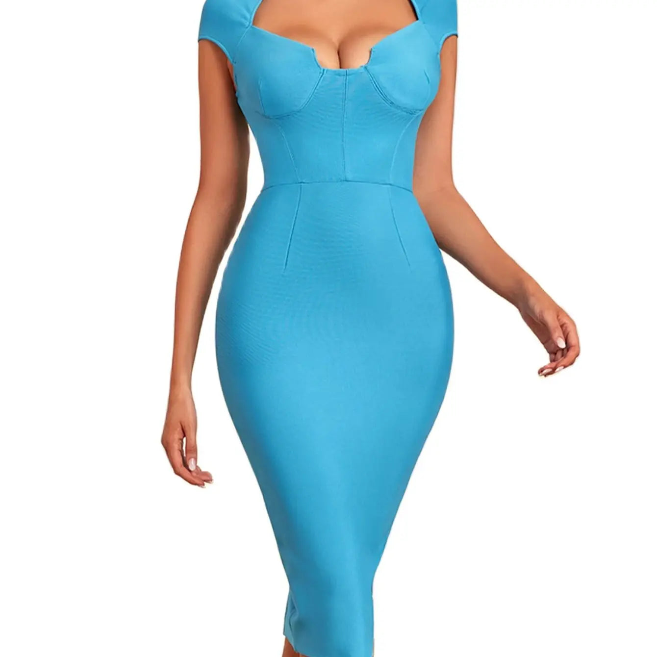 Robe midi bandage élégante avec col orné de strass, manches courtes et coupe moulante. Idéale pour soirées, cocktails et événements chics.