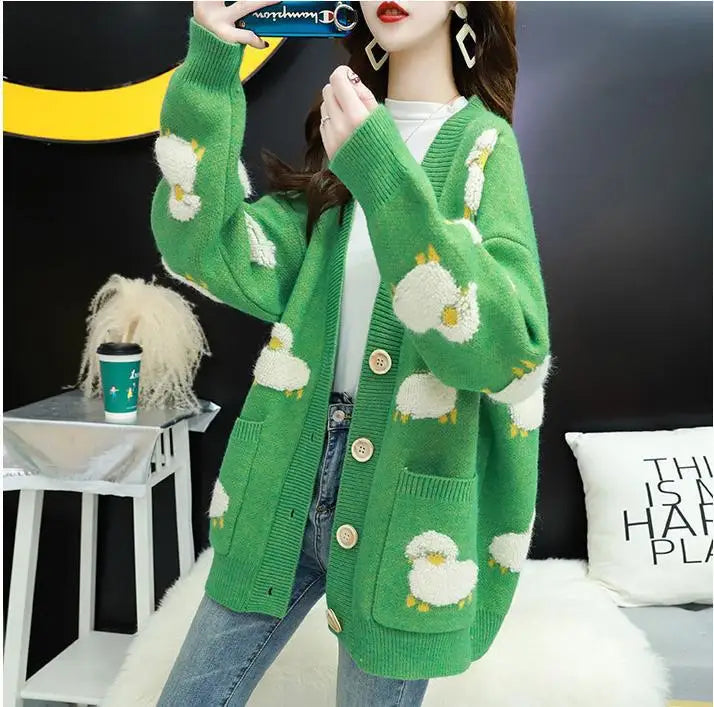 Cardigan Femme Loose – Tricot Cartoon avec Poches Mouton, Style Colorblock Automne Hiver.