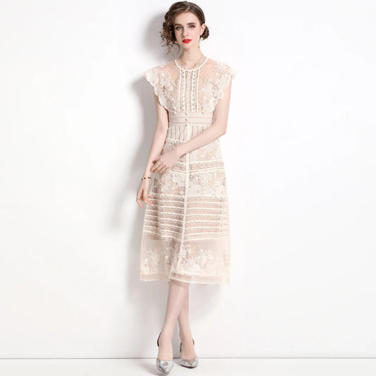 Robe midi femme à fleurs brodées – manches courtes, style vintage élégant