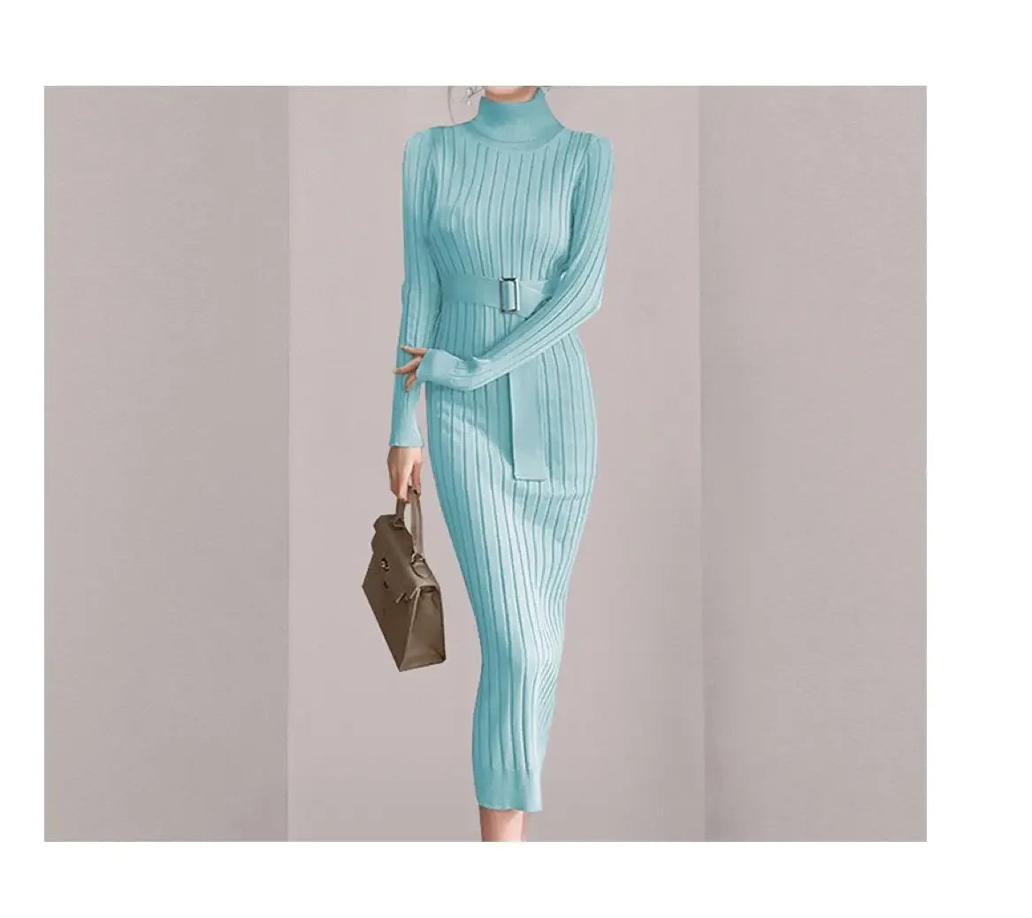 Robe Pull Longue Femme – Tricot Élastique Ajusté Style Coréen Élégant Automne Hiver.