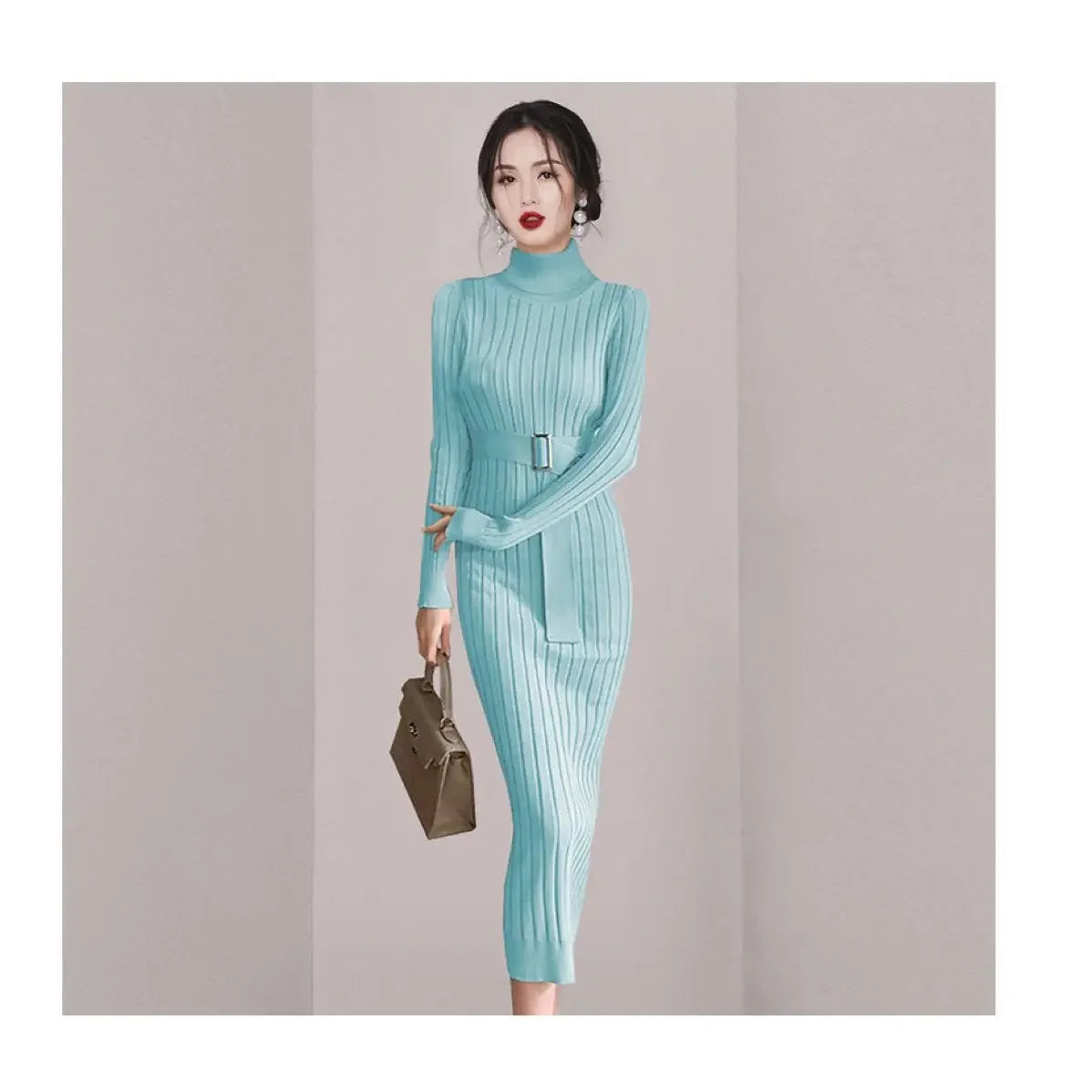 Robe Pull Longue Femme – Tricot Élastique Ajusté Style Coréen Élégant Automne Hiver.