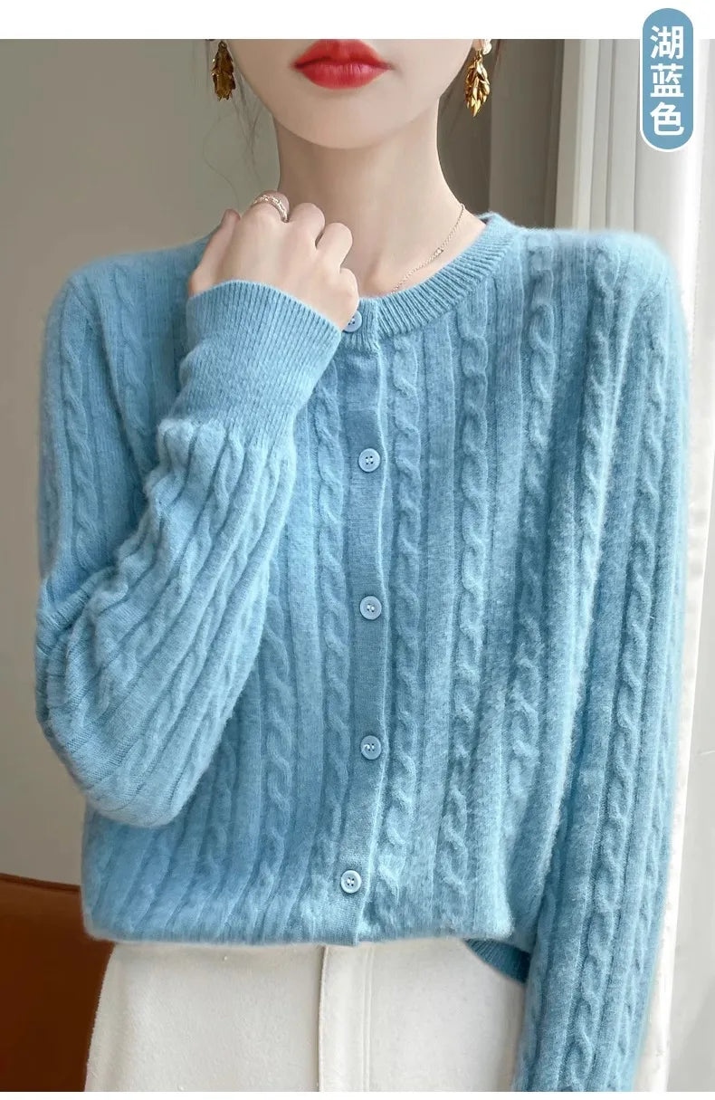Cardigan Femme Blanc – Tricot Uni Col Rond Boutonné Manches Longues Automne Hiver 2025.