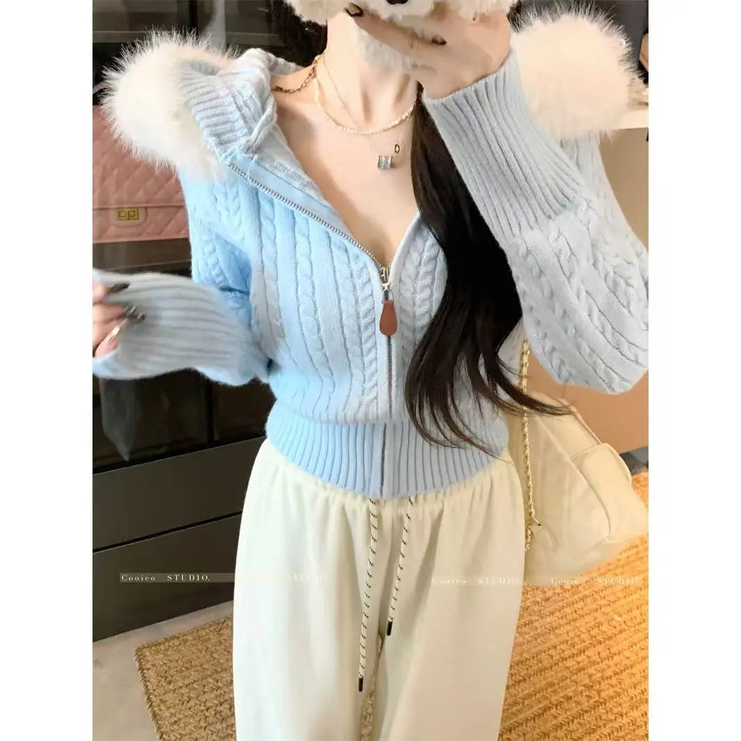 Cardigan Loose Femme avec Col en Fourrure Amovible – Pull Tricoté à Capuche Style Y2K Harajuku.