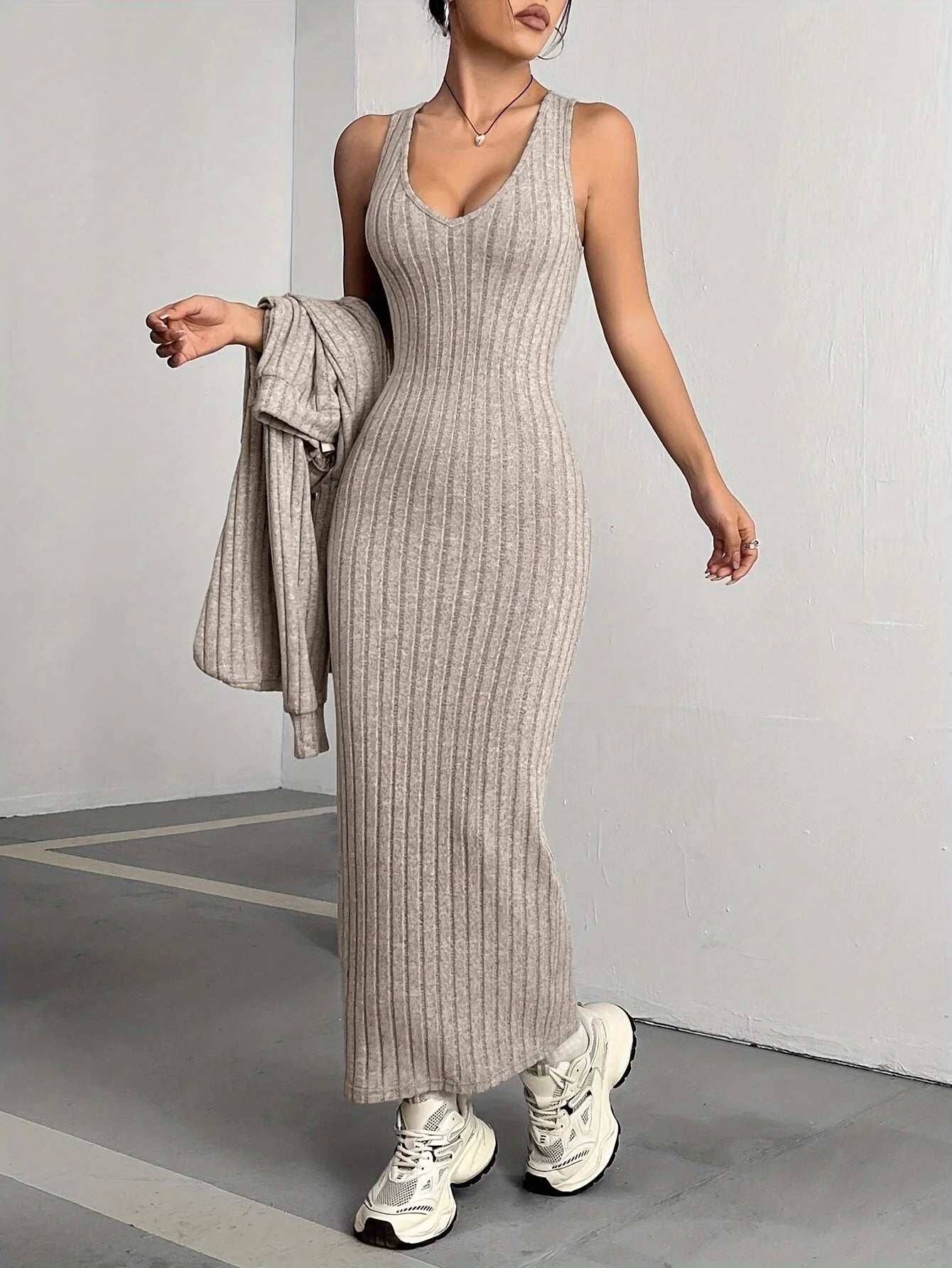 Ensemble Femme 2 Pièces – Robe Pull Loose & Hoodie Tricoté Manches Longues, Style Casual Commuting Automne Hiver 2024 | F-laglam.