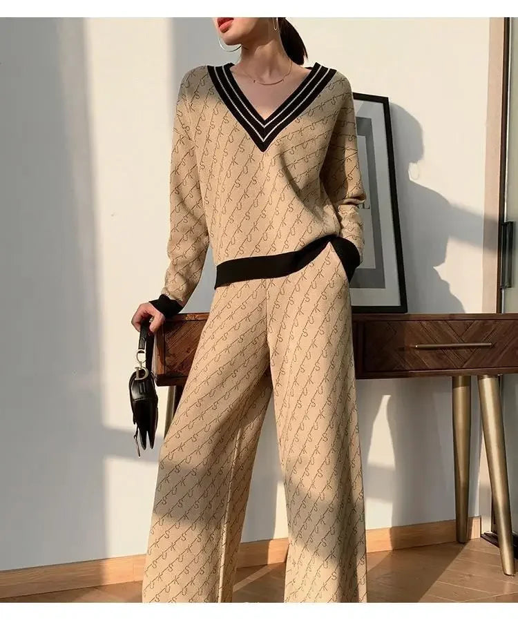 Ensemble Femme 2 Pièces – Pull Élégant & Pantalon Patte d’Éléphant Loose-Fit, Outfit Tendance Printemps Automne 2024 | F-laglam.