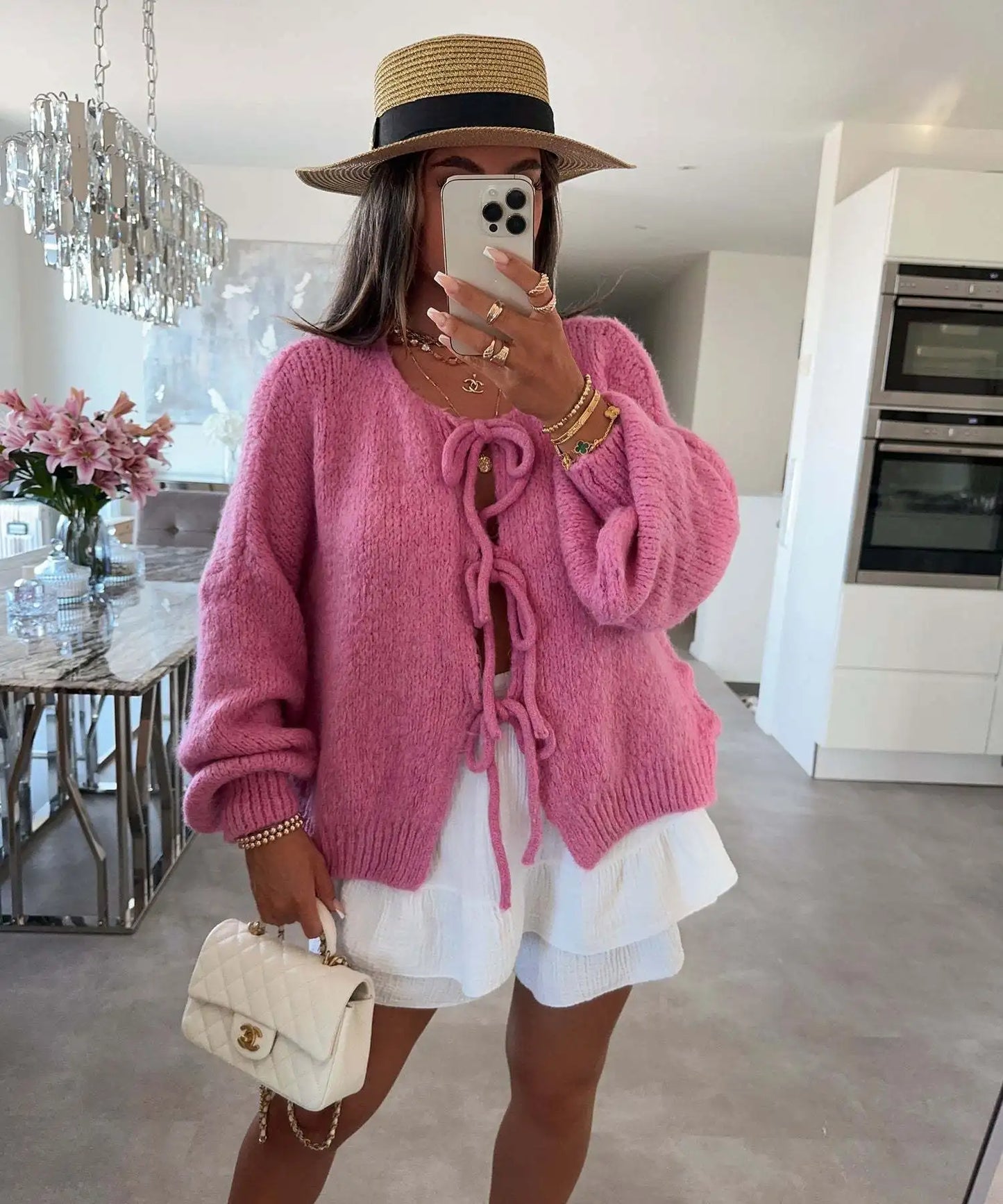 Cardigan Femme Élégant – Tricot Uni avec Lacet, Col Rond, Style Simple Chic |
