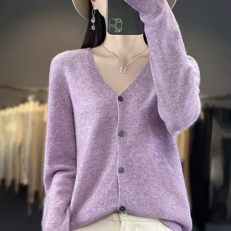 Cardigan Femme en Laine – Tricot Loose à Col V, Manches Longues | Collection.