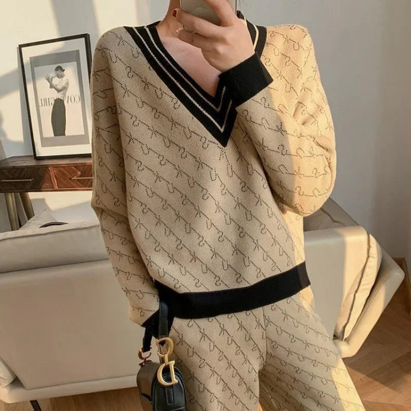 Ensemble Femme 2 Pièces – Pull Élégant & Pantalon Patte d’Éléphant Loose-Fit, Outfit Tendance Printemps Automne 2024 | F-laglam.