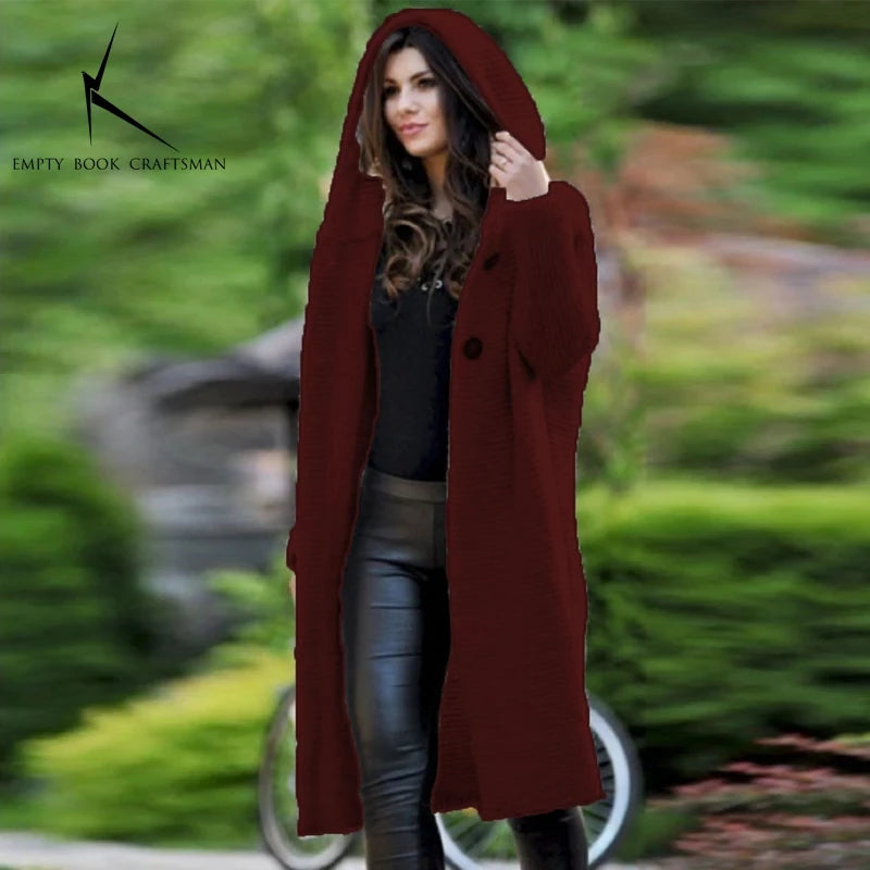 Cardigan Long à Capuche Femme – Pull Tricoté Automne Hiver.