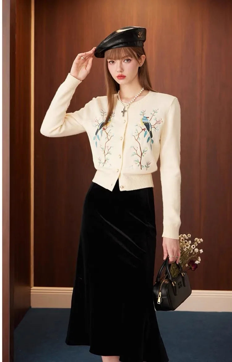 Cardigan Femme Brodé Fleurs & Oiseaux – Tricot Vintage Col Rond Manches Longues Printempps Automn.