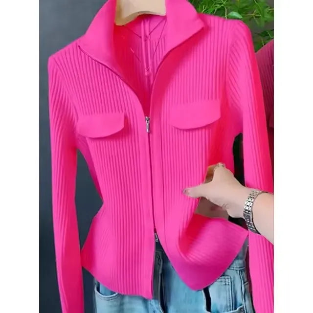 Cardigan Court Femme à Fermeture Zippée – Tricot Uni Col Revers Style Coréen Printemps Automne 2025