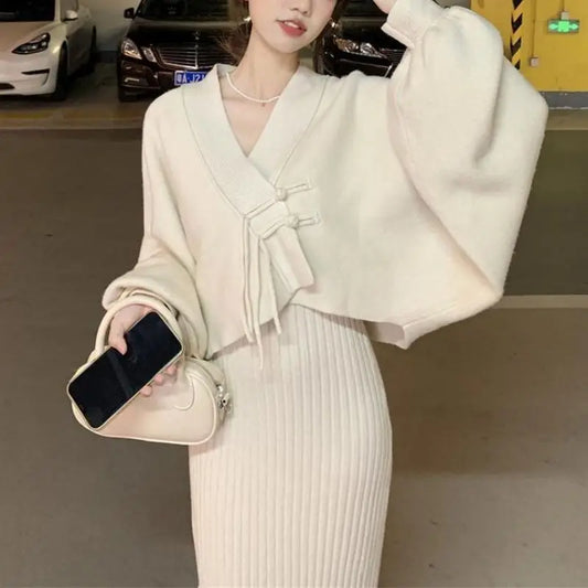 Ensemble Femme Hiver 2 Pièces – Robe Pull Tricotée & Haut Loose, Outfit Bodycon Chic Coréen Streetwear.
