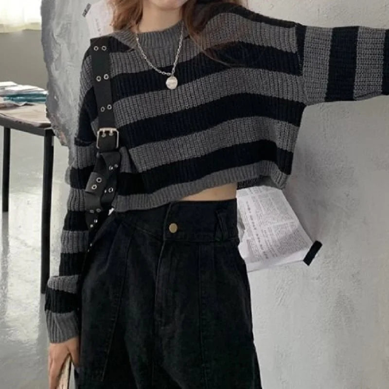 Pull Court Femme Rayé – Tricot Loose O-neck Streetwear Automne Hiver.