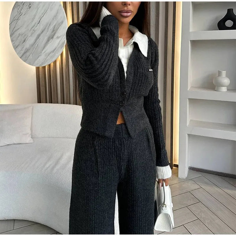 Ensemble Femme 2 Pièces – Haut Tricot Boutonné à Col Revers & Pantalon Loose, Style Décontracté Chic Automne | F-laglam.