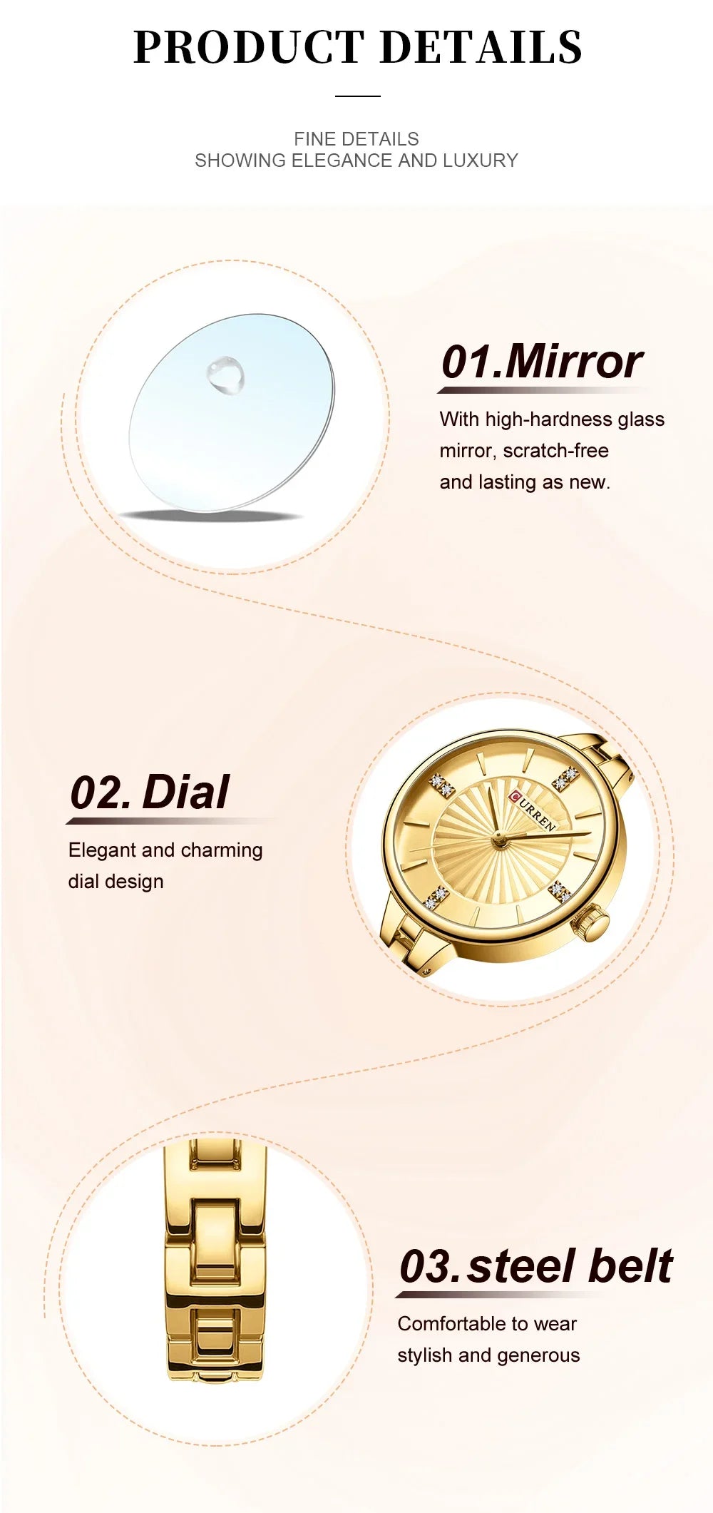 Montre pour femme de la marque CURREN, mouvement à quartz précis, avec bracelet magnétique réglable. Design élégant et sportif, idéale pour un usage quotidien ou pour compléter vos tenues habillées.