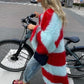Manteau Long Tricoté Femme – Cardigan Rayé Épais à Manches Lanternes.