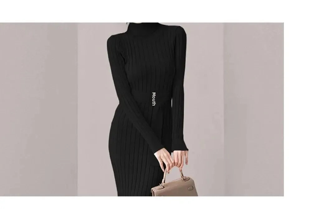 Robe Pull Longue Femme – Tricot Élastique Ajusté Style Coréen Élégant Automne Hiver