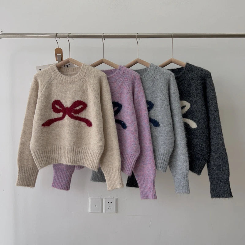 Pull Femme Gris avec Nœud – Col Rond Tricoté Doux Automne Hiver.