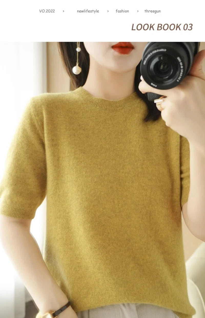 Pull Femme Slim à Manches Courtes – Tricot Col Rond Léger Printemps Été 2025 |.