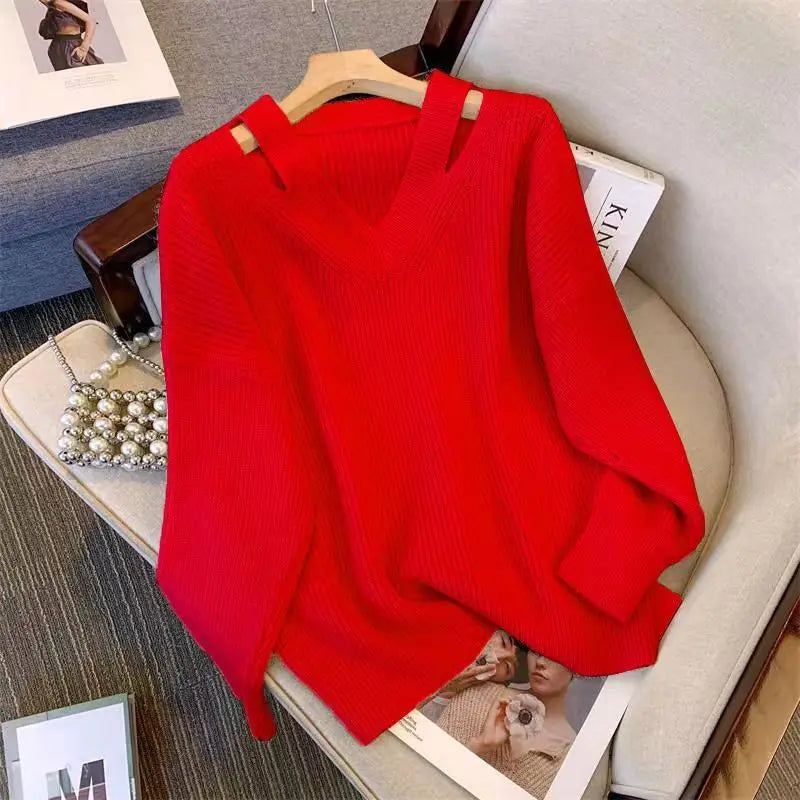 Pull Femme Loose Col V – Tricot Doux Uni Style Basique Automne