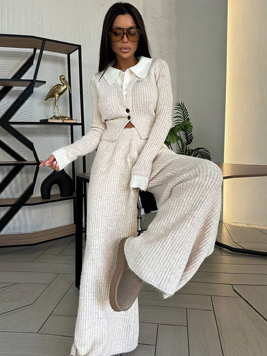 Ensemble Femme 2 Pièces – Haut Tricot Boutonné à Col Revers & Pantalon Loose, Style Décontracté Chic Automne | F-laglam.