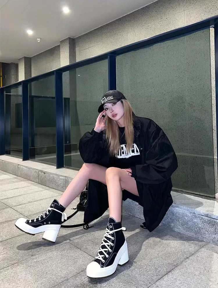 Baskets Compensées Femme en Toile – Style Skateboard, Lacets, Mode Décontractée et Extérieure
