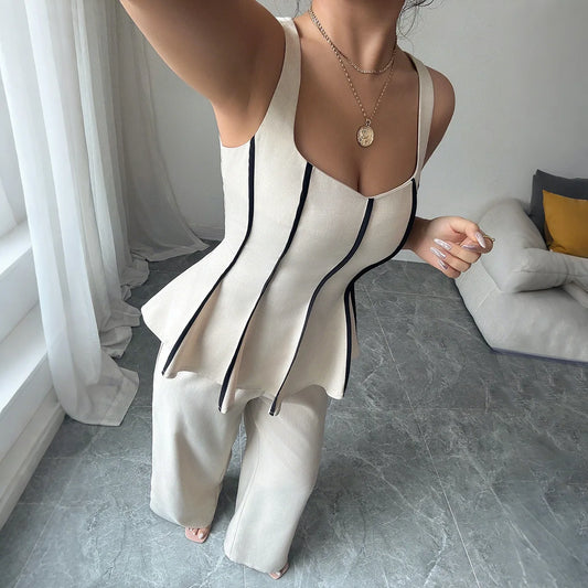 Ensemble Femme 2 Pièces – Top Sans Manches à Volants & Pantalon Large Taille Haute, Style Y2K Streetwear Chic | F-lagam.