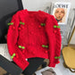 Cardigan Tricoté Femme avec Cerises 3D – Style Coréen Élégant Automne.