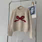 Pull Femme Gris avec Nœud – Col Rond Tricoté Doux Automne Hiver.