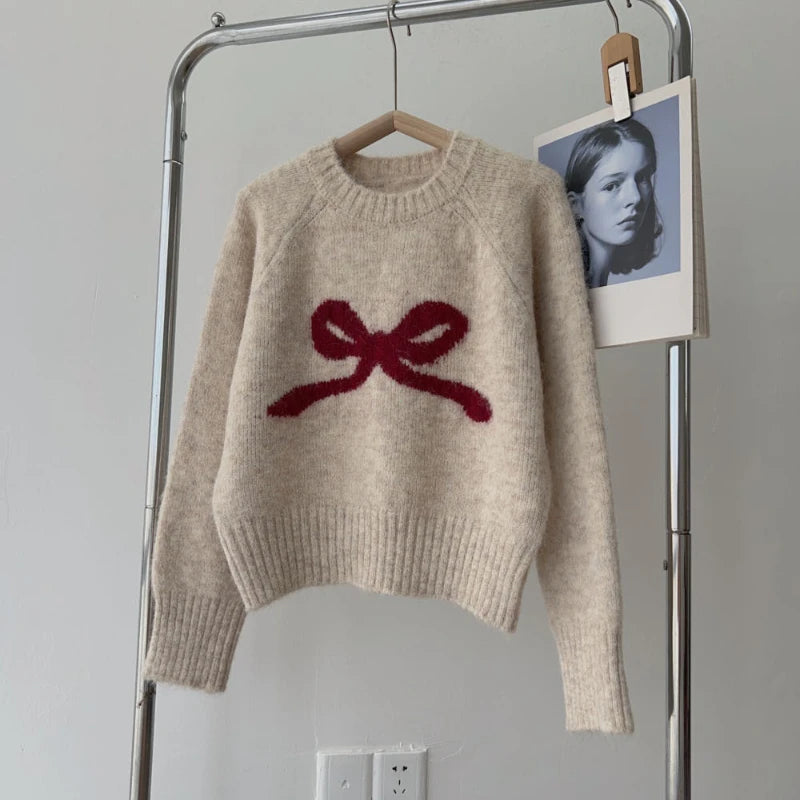 Pull Femme Gris avec Nœud – Col Rond Tricoté Doux Automne Hiver.