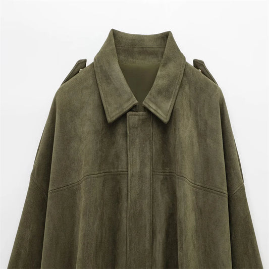 Veste Femme Suédine Synthétique PB&ZA 2025 – Coupe Ample Vert Olive