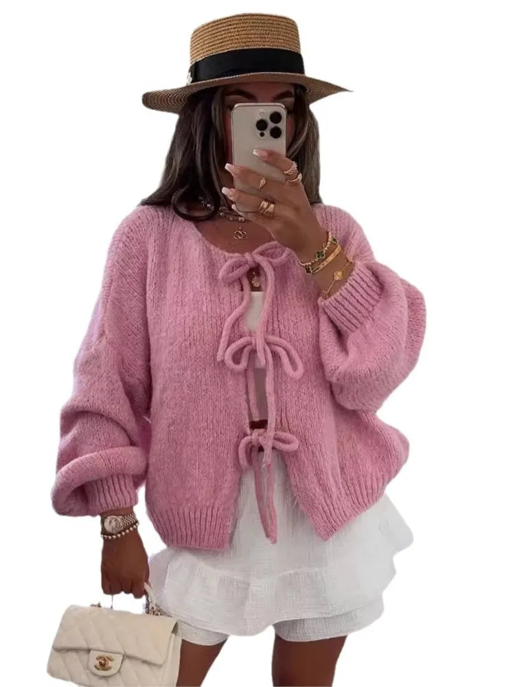 Cardigan Femme Élégant – Tricot Uni avec Lacet, Col Rond, Style Simple Chic |.