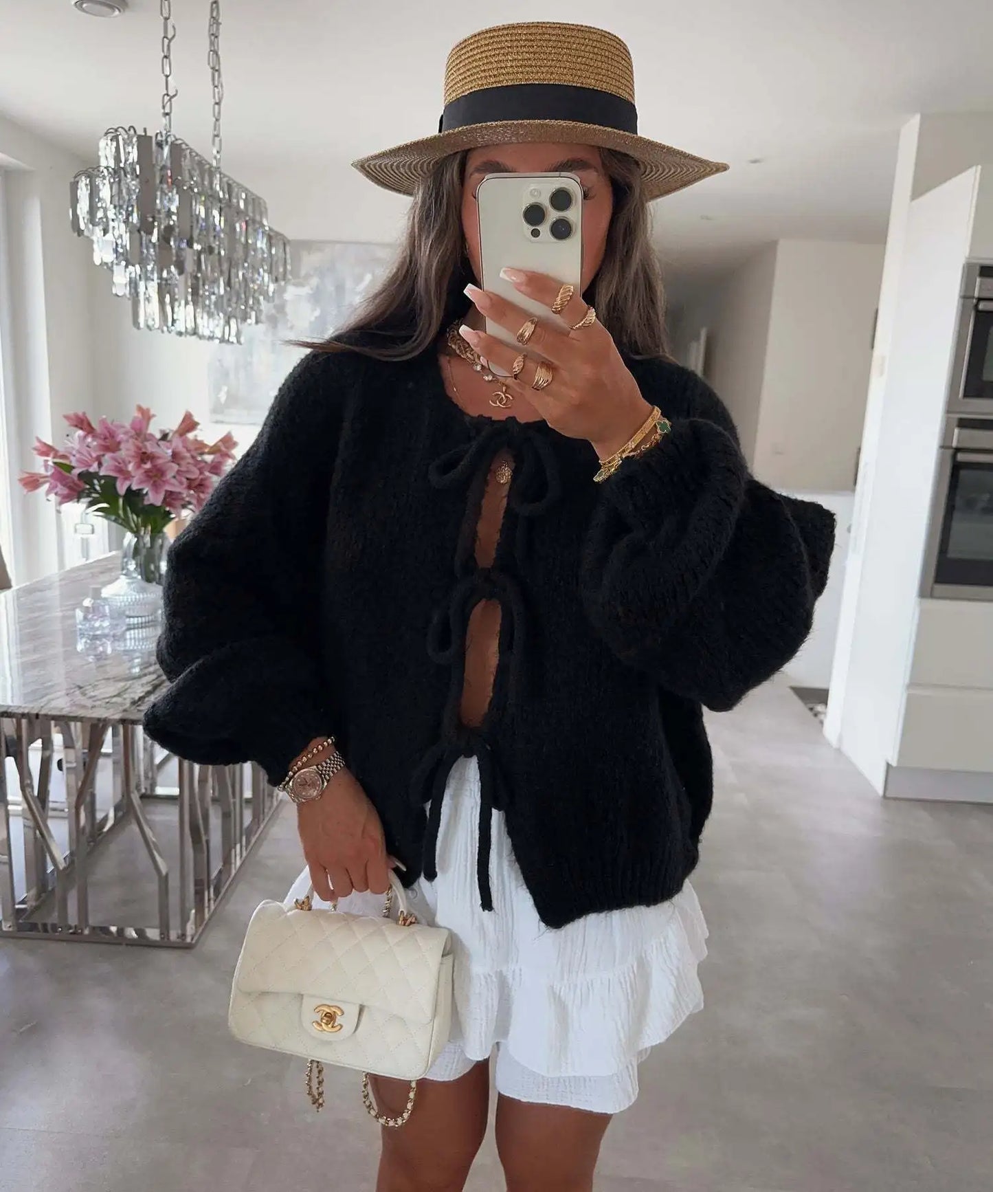 Cardigan Femme Élégant – Tricot Uni avec Lacet, Col Rond, Style Simple Chic |.